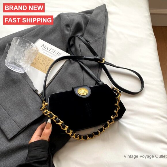 Small Square Crossbody Bag with Gold Chain Strap Faux Suede - Picture 3 of 6